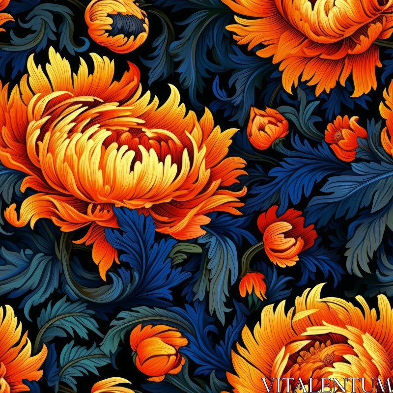 Chrysanthemum Floral Pattern on Dark Blue Background AI Image