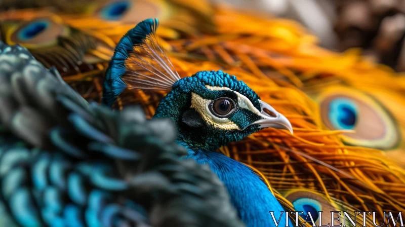 Close-up of a Peacock's Head and Feathers in Vibrant Blue and Green AI Image