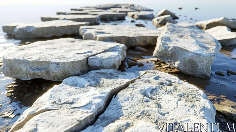 Close-Up of a Rocky Beach with Reflecting Water and Textured Rocks AI Image