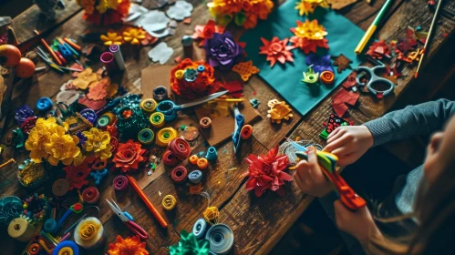Crafting Materials Table with Colorful Paper Flowers and Embellishments