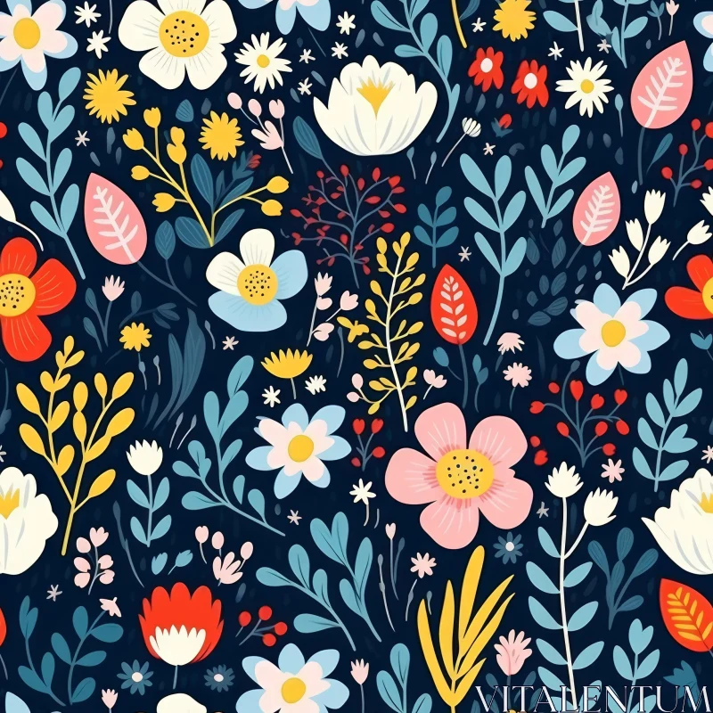 Dark Blue Floral Pattern - Bright Colors - Seamless Design AI Image