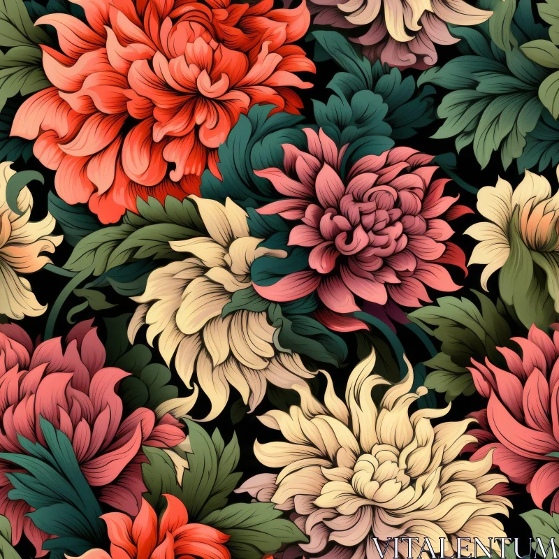 Dark Green Floral Pattern with Colorful Flowers AI Image