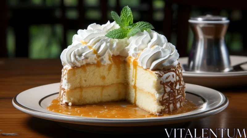Delicious Cake with Whipped Cream and Caramel Sauce AI Image