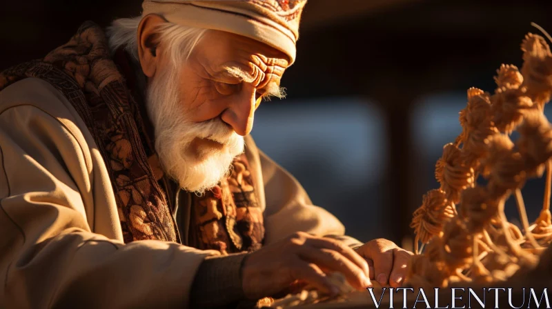 Elderly Man Carving Wooden Figure | Warm Color Background AI Image