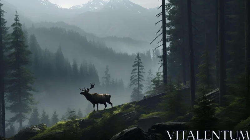 Enchanting Forest Landscape with Majestic Elk and Snowy Mountain AI Image