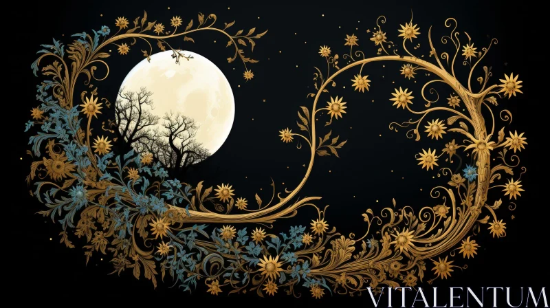 Enchanting Night Scene: Full Moon and Golden Tree AI Image