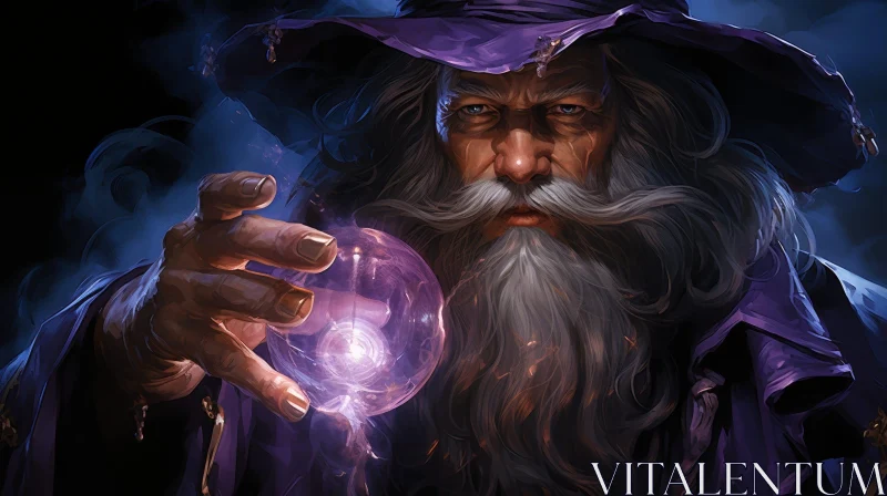 Enchanting Wizard Painting in Purple Robe with Crystal Ball AI Image