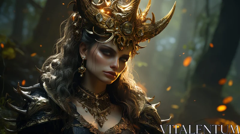 Enigmatic Woman in Golden Crown and Black Dress AI Image