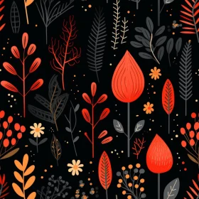 Hand-drawn Floral Pattern in Red, Orange, Yellow on Black Background