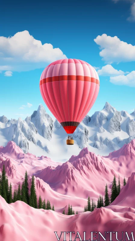 Hot Air Balloon Ride Over Pink Mountain Range - 3D Rendering AI Image