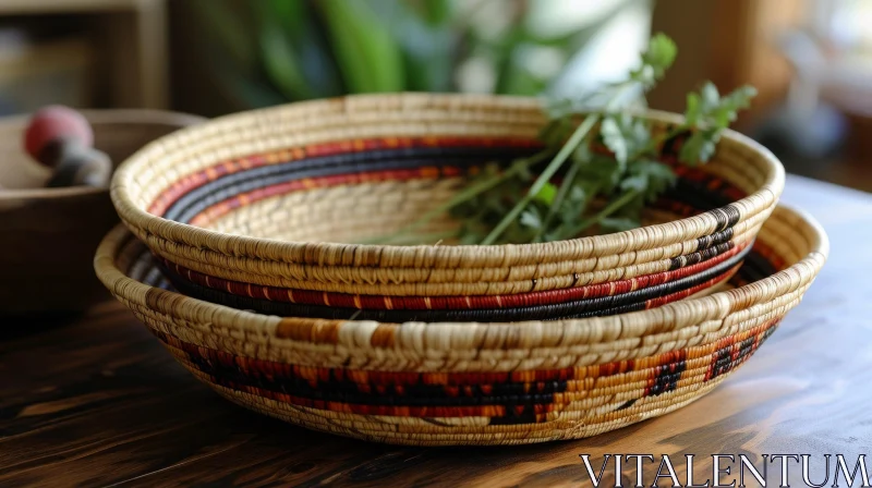 Intricately Designed Handmade Baskets on Wooden Table AI Image