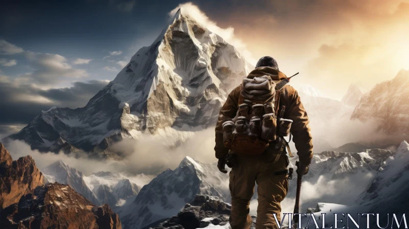 Man on Mountain Peak - Majestic Summit View AI Image