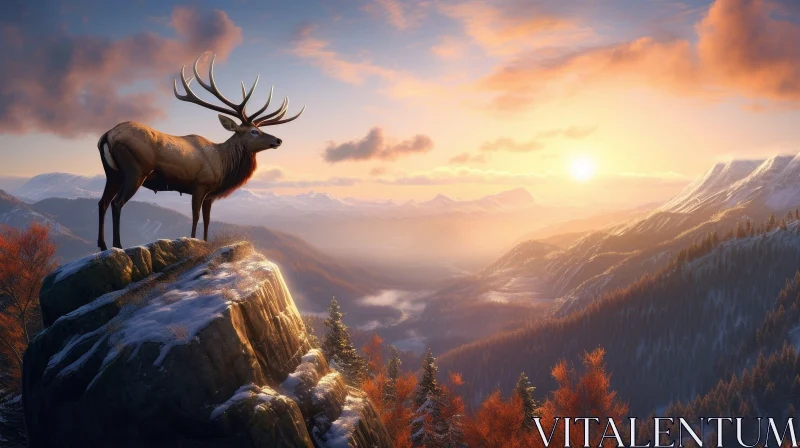 Mountain Valley Sunset with Majestic Elk AI Image