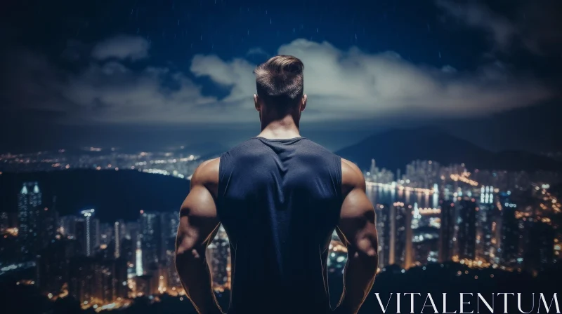 Mysterious Night Scene: Muscular Man on Rooftop AI Image