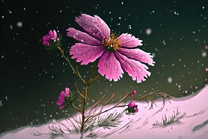Pink Flower in Snow: Surrealistic Winter Landscape