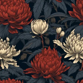 Red and White Chrysanthemum Seamless Pattern on Dark Blue Background