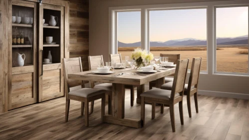 Rustic Dining Room with Wooden Table and White Flowers