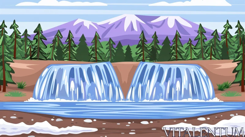 Tranquil Cartoon Waterfall Landscape AI Image