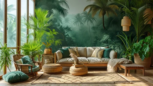 Tropical-Themed Living Room with Green Jungle Mural