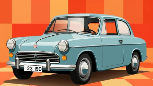Vintage Blue Retro Car on Orange Checkered Background