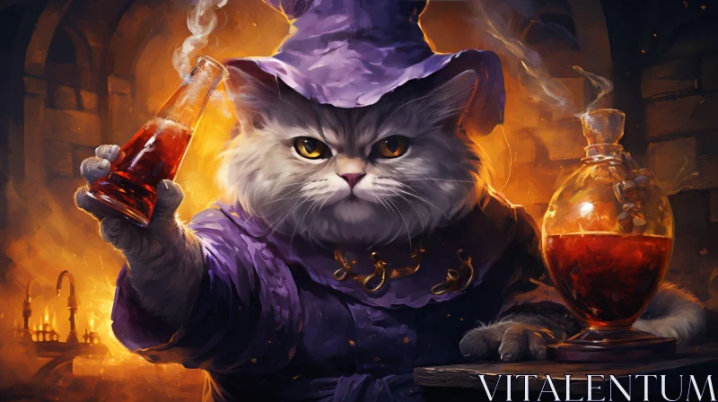 Wizard Cat Digital Painting in Dark Room AI Image