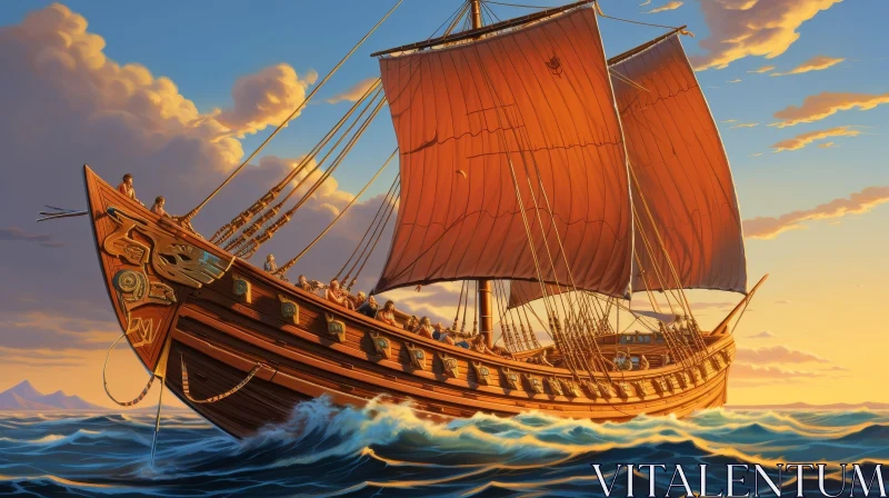 Wooden Ship Sailing on Rough Sea Digital Painting AI Image