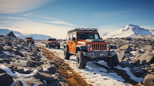 Adventurous Orange Jeep Wrangler Rubicon SUVs in Snowy Mountains