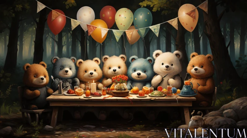 AI ART Charming Teddy Bear Picnic in Forest - Digital Painting