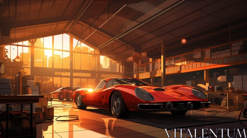 Classic Red Sports Car in Modern Garage AI Image