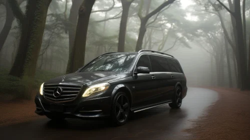 Dark Gray Mercedes-Benz SUV Driving in Foggy Forest