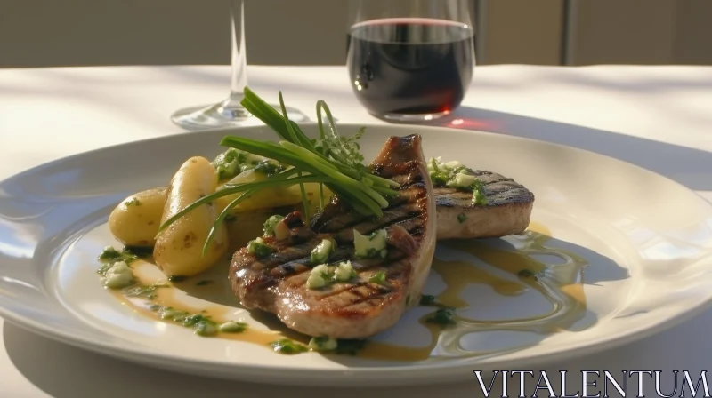 AI ART Delicious Grilled Meat with Potatoes and Red Wine
