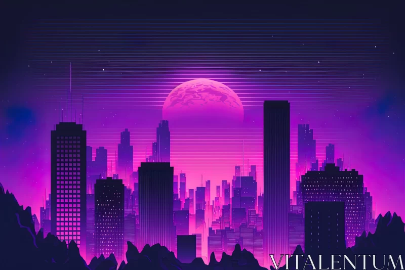 Enchanting Futuristic Cityscape with Purple Moon - Neonpunk Vintage Aesthetics AI Image