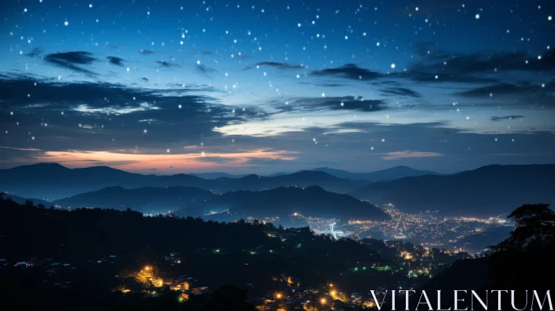 Enchanting Night View of Mountain Valley with Town Lights AI Image