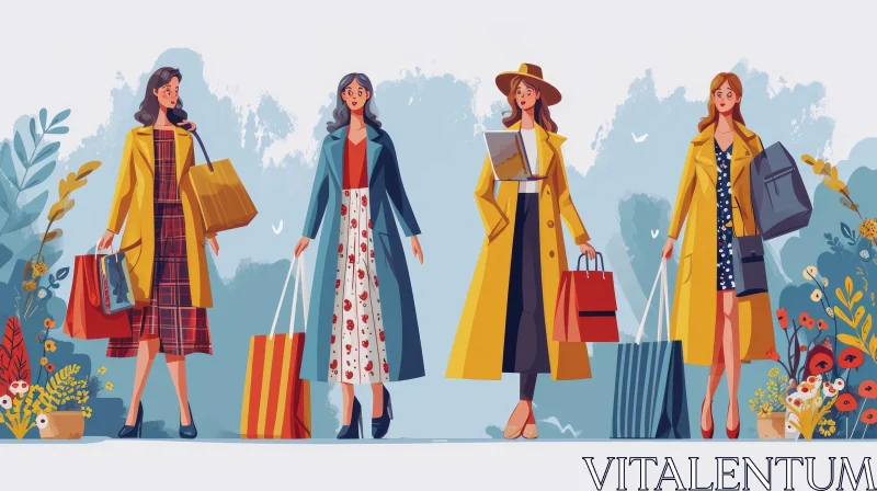 AI ART Fashionable Women Walking with Yellow Coats and Shopping Bags