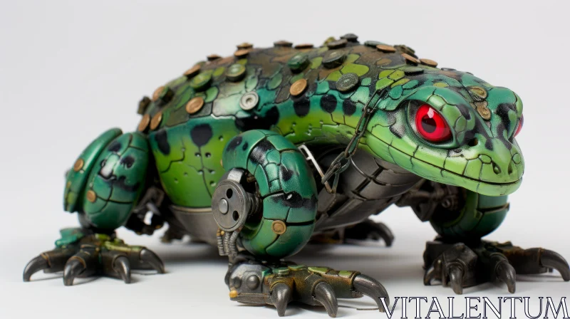 Green Steampunk Toy Frog with Red Eyes and Black Horns AI Image