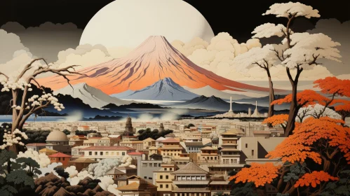Japanese Cityscape with Mount Fuji Painting