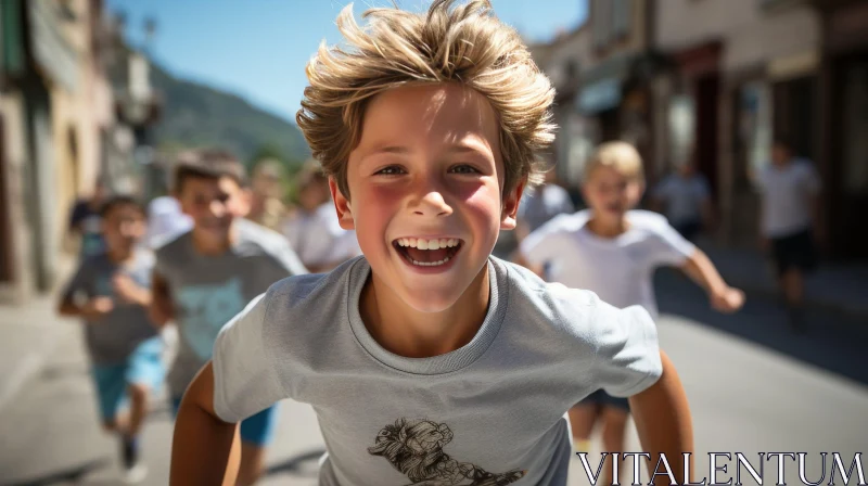 Joyful Boy Running on Street | Childhood Happiness AI Image