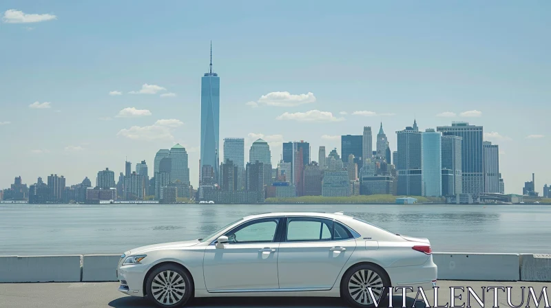 Luxury Car on Waterfront with Manhattan Skyline View AI Image