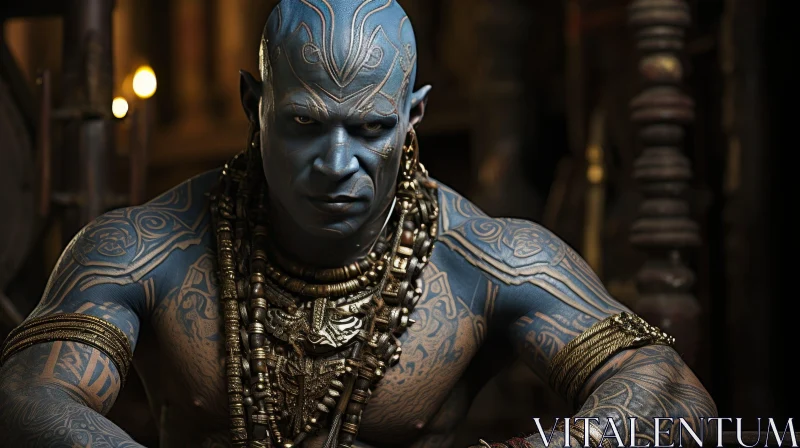 Mysterious Blue-Skinned Humanoid with Tattoos and Gold Jewelry AI Image