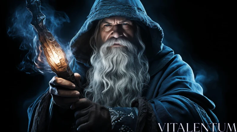 Mysterious Wizard in Blue Robe AI Image