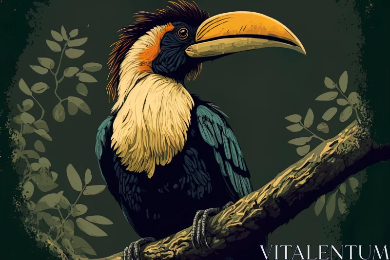Realistic Toucan Portrait on Branch | Dark Emerald & Dark Beige AI Image