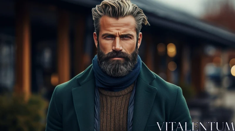 Serious Man Portrait in Green Coat | Blue-eyed Gentleman AI Image