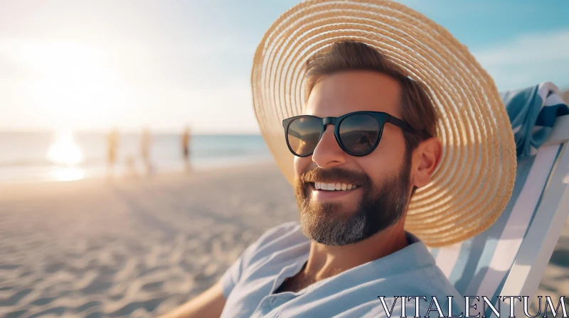 Smiling Man on Beach Chair at Sunset AI Image
