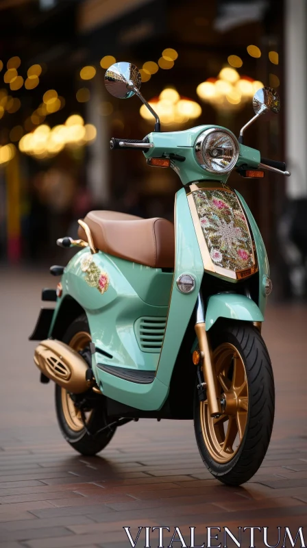 AI ART Vintage Mint Green Scooter in Urban Setting