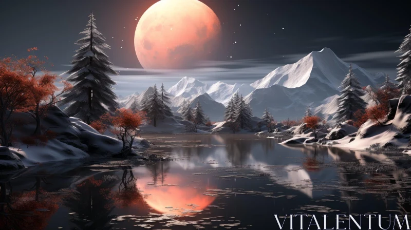 Winter Landscape with Full Moon and Snow-Capped Mountains AI Image
