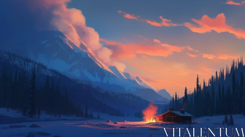 Winter Sunset Mountain Landscape Painting AI Image