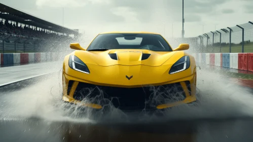 Yellow Sports Car Speeding Through Water