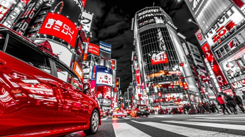 City Night Scene with Red Sports Car