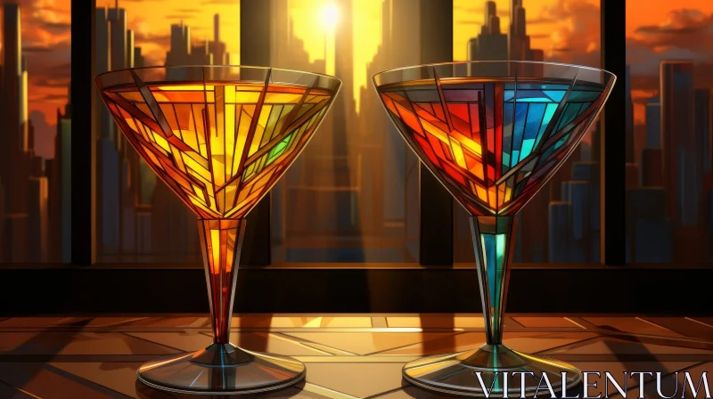 AI ART Cityscape Sunset Martini Glasses