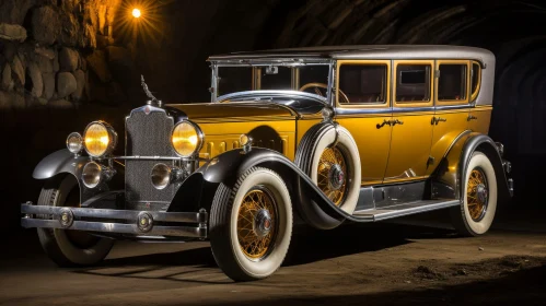 Classic Yellow Packard Automobile in Dark Tunnel
